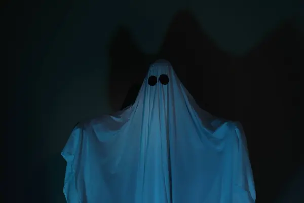 Creepy ghost. Woman covered with sheet on dark background