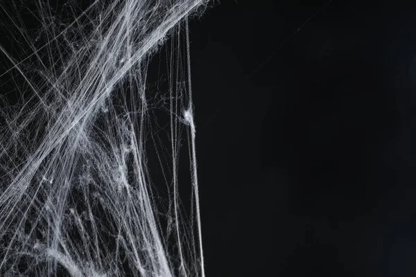 Gruseliges Weißes Spinnennetz Auf Schwarzem Hintergrund Platz Für Text — Stockfoto