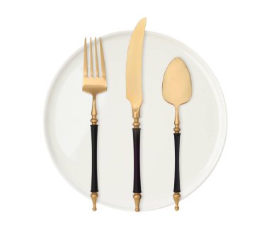 Temiz tabak, çatal, bıçak ve kaşıkla beyaz arka plan, üst manzara