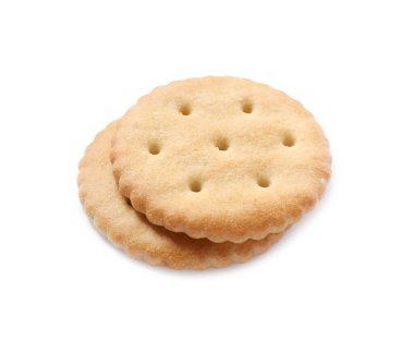 Beyaza izole edilmiş iki çıtır kraker. Lezzetli yemek.