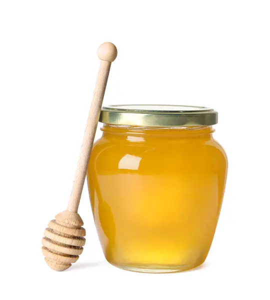 Tasty Natural Honey Glass Jar Dipper Isolated White — Stock Photo, Image