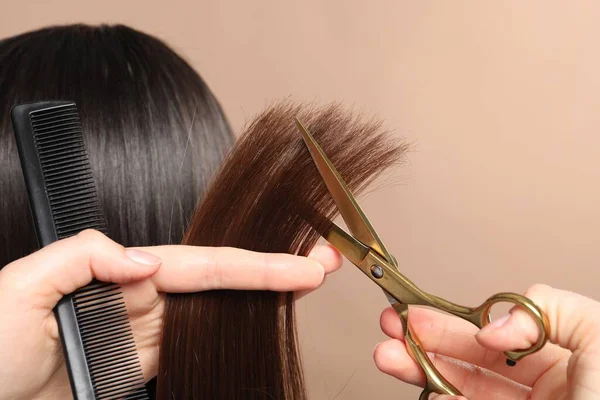Hairdresser cutting client\'s hair with scissors on beige background, closeup