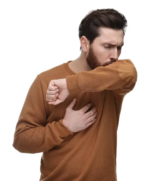Hombre Enfermo Tosiendo Codo Sobre Fondo Blanco Síntomas Resfriado —  Fotos de Stock