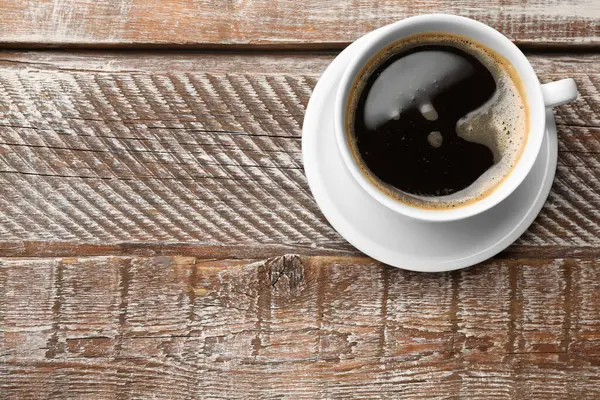 Kopje Aromatische Koffie Houten Tafel Bovenaanzicht Ruimte Voor Tekst — Stockfoto