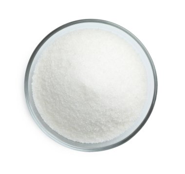 Beyaz tenceredeki granüle şeker, üst manzara.