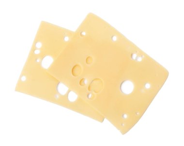 Lezzetli taze peynir dilimleri beyaza izole edilmiş, üst manzara