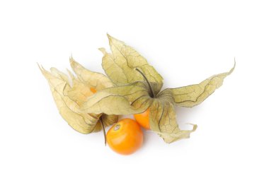 Beyaz, üst görünüm izole calyxes ile birçok olgun physalis meyveleri