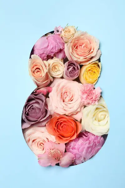 Marzo Diseño Tarjeta Felicitación Con Flores Vista Superior Feliz Día — Foto de Stock