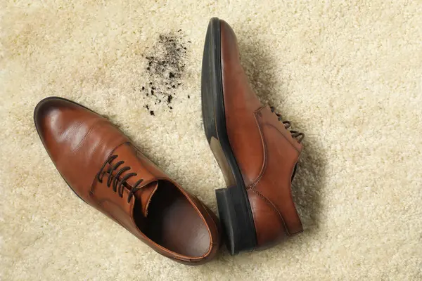 Brown shoes and mud on beige carpet, top view