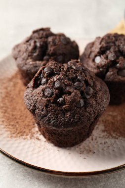 Nefis çikolatalı kekler ve kakao tozu açık gri masada, yakın plan.