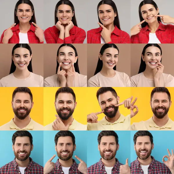 Personas Con Dientes Blancos Diferentes Fondos Color Collage Fotos — Foto de Stock