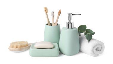 Banyo aksesuarları. Farklı kişisel bakım ürünleri ve okaliptüs dalı beyaza izole edilmiştir.