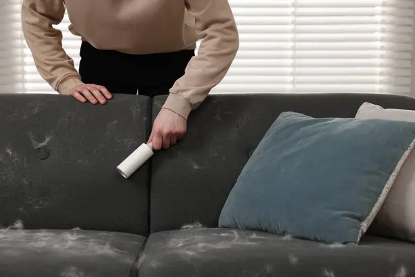 Pet shedding. Man with lint roller removing dog\'s hair from sofa at home, closeup