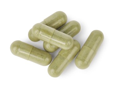 Beyaz, üst görünümde izole edilmiş vitamin kapsülleri