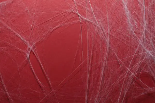 Gruselige Weiße Spinnweben Hängen Auf Rotem Hintergrund — Stockfoto
