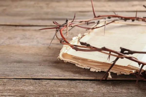 Crown of thorns and Bible on wooden table, closeup. Space for text