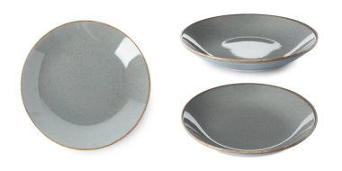 Gri seramik plaka beyaza izole edilmiş, farklı manzaralı.