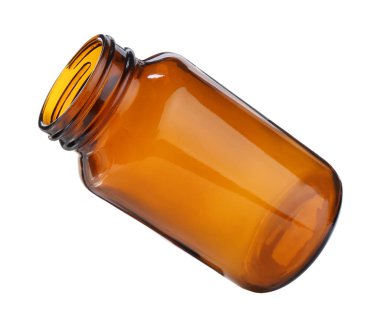 Boş cam hap şişesi beyaza izole edilmiş.