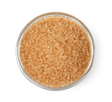 Kahverengi şeker cam kasede izole edilmiş beyaz, üst manzara