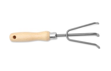 Bir tırmık beyazda izole edilmiş, üst manzara. Bahçe aleti