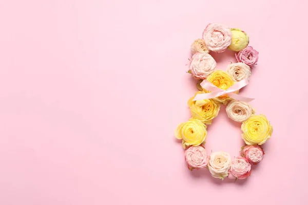 Μαρτίου Σχεδιασμός Ευχετήριας Κάρτας Όμορφα Λουλούδια Ροζ Φόντο Κορυφαία Άποψη — Φωτογραφία Αρχείου