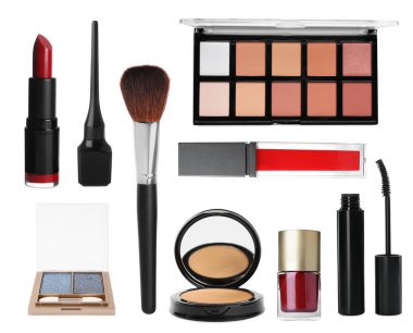 Dekoratif kozmetik ürünleri beyaza izole edilmiş, koleksiyona. Makyaj ürünleri