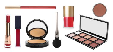 Dekoratif kozmetik ürünleri beyaza izole edilmiş, koleksiyona. Makyaj ürünleri