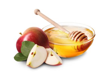 Honey in bowl and apples isolated on white clipart