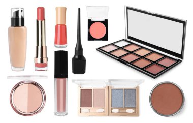 Dekoratif kozmetik ürünleri beyaza izole edilmiş, koleksiyona. Makyaj ürünleri