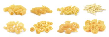 Beyaz sette izole edilmiş farklı makarna türleri