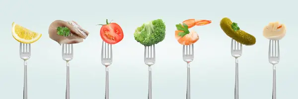 Forks with different food products on light grey background, collection