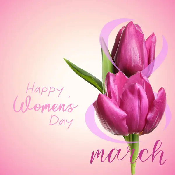 8 March - Happy International Women\'s Day. Card design with tulip flowers on pink gradient background