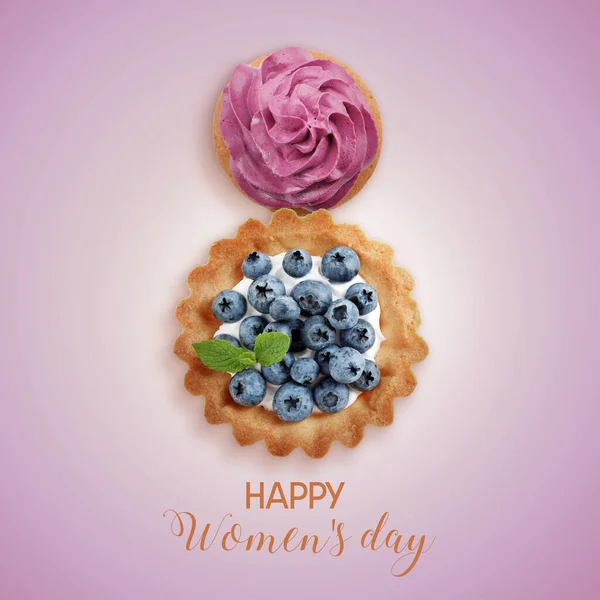 8 March - Happy International Women\'s Day. Card design with shape of number eight made of desserts on light violet background, top view