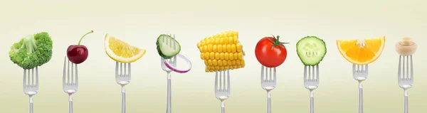 Forks with different food products on color background, collection