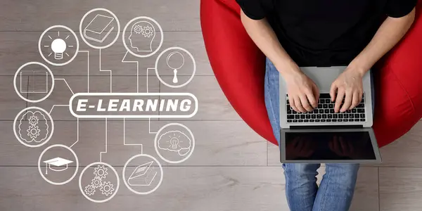 E-learning, banner design. Man working with laptop in beanbag chair, top view. Illustration of scheme with different icons