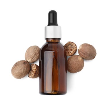 Nutmeg temel yağ ve fındık beyaz, üst görünüm izole