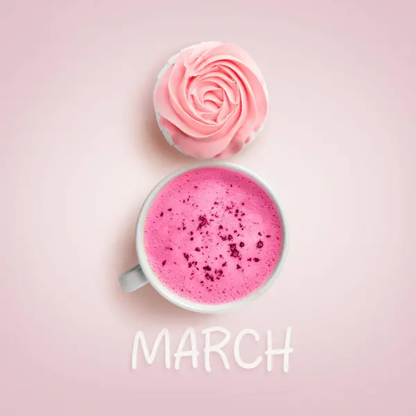 8 March - Happy International Women\'s Day. Card design with shape of number eight made of cupcake and latte on pink background, top view