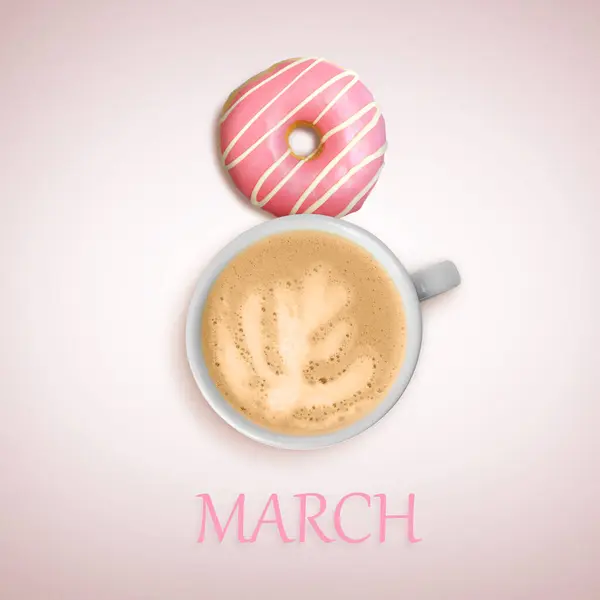 8 March - Happy International Women's Day. Card design with shape of number eight made of doughnut and cappuccino on pink background, top view