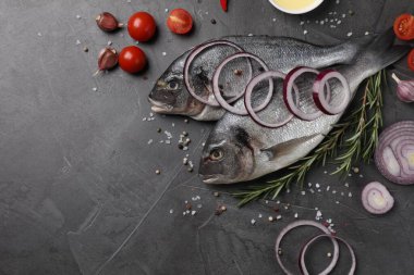 Taze dorado balığı ve malzemeler gri masada, düz yerde. Metin için boşluk