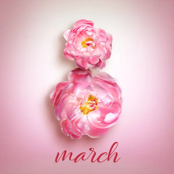 8 March - Happy International Women\'s Day. Card design with shape of number eight made of peony flowers on pink background, top view