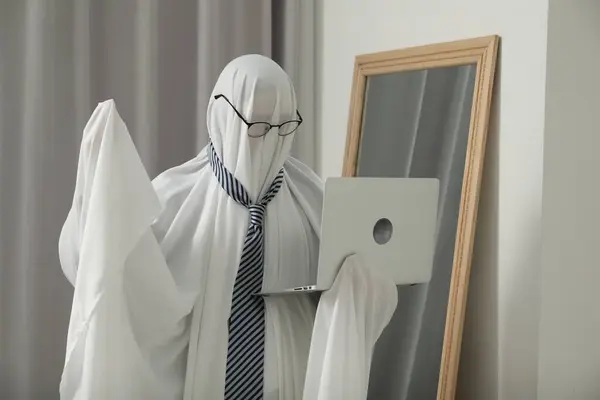 Creepy ghost. Man in white sheet using laptop at home