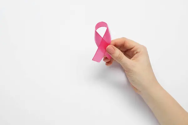 Medvetenhet Bröstcancer Kvinna Med Rosa Band Vit Bakgrund Ovanifrån Plats — Stockfoto