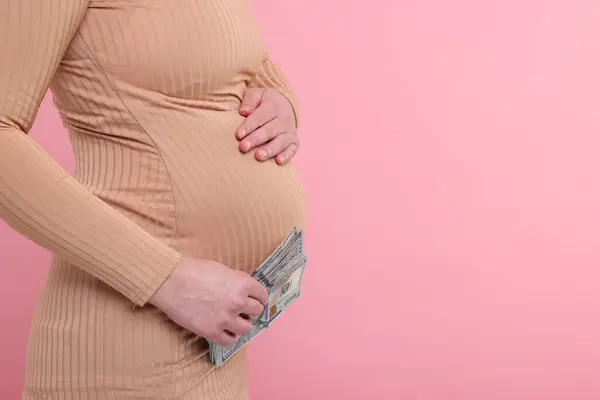 Taşıyıcı Anne Pembe Arka Planda Dolar Banknotları Olan Hamile Kadın — Stok fotoğraf