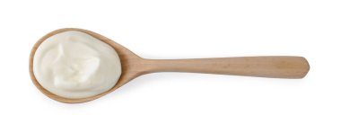 Bir ahşap kaşık ve mayonez beyaza izole edilmiş, üst manzara.