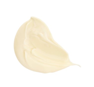 Lezzetli taze mayonez sosu beyaza izole edilmiş, üst manzara.