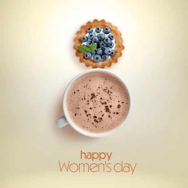 8 March - Happy International Women\'s Day. Card design with shape of number eight made of dessert and cappuccino on beige background, top view