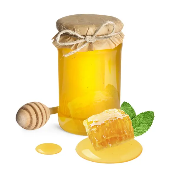 Φυσικό Μέλι Βάζο Ξύλινη Κουτάλα Κομμάτι Κηρήθρα Και Φύλλα Δυόσμου — Φωτογραφία Αρχείου