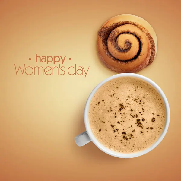 8 March - Happy International Women\'s Day. Card design with shape of number eight made of cinnamon roll and cappuccino on dark beige background, top view