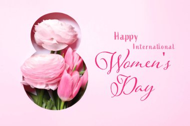 8 Mart - Uluslararası Kadınlar Gününüz kutlu olsun. Ranunculus ve lale çiçekli tebrik kartı tasarımı, üst görünüm