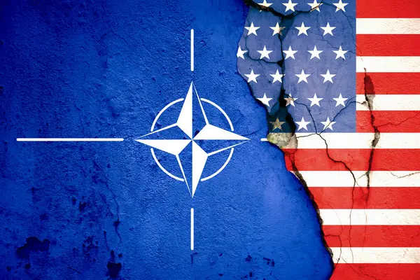 Flagi Usa Nato Rozbitym Murze — Zdjęcie stockowe